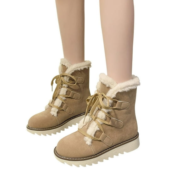 Tejiojio Womens Boots Flat Feet Winter Warm Bottom Thick Bottom Round Head Lace Up Solid Color Plush Thickened Boots