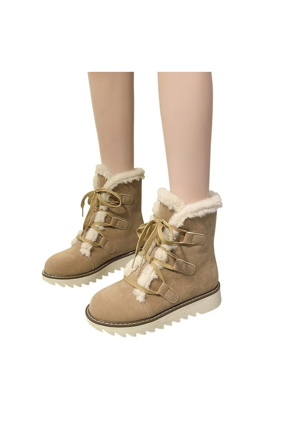 Womens Boots Flat Feet Winter Warm Bottom Thick Bottom Round Head Lace Up Solid Color Plush Thickened Boots