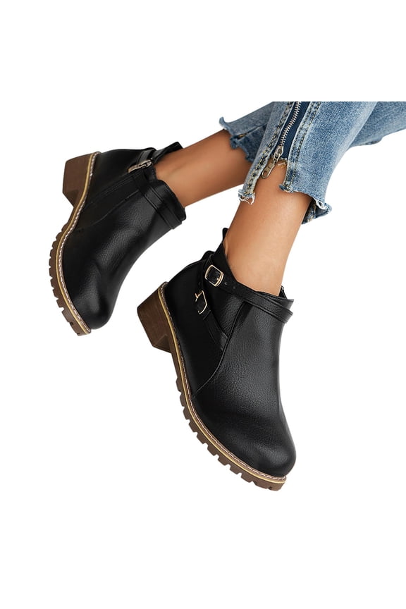 Womens Classic Boots Round Toe Chunky Heel Middle Heel Slouchy Metal Leather Buckle Booties Valentine's Day