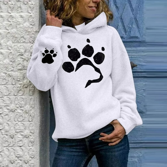 Tejiojio Womens Fall Clearance's Casual Cat Paw Print Long-Sleeved Pullover Hooded Thin Fleece Sweater