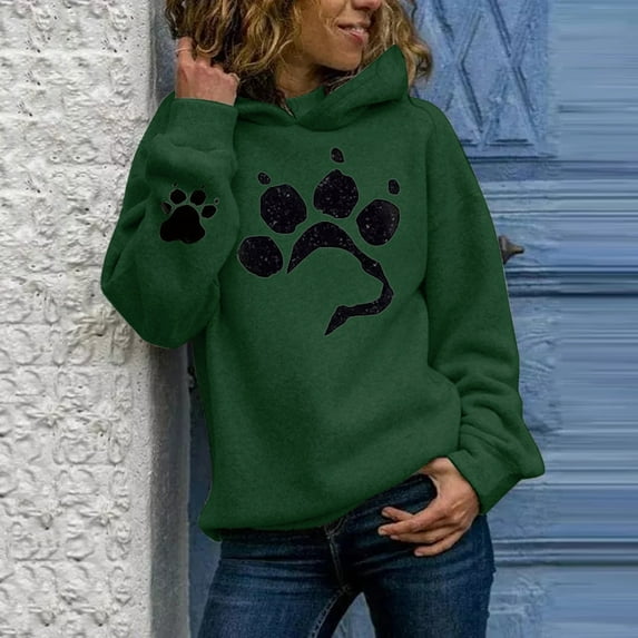 Tejiojio Womens Fall Clearance's Casual Cat Paw Print Long-Sleeved Pullover Hooded Thin Fleece Sweater