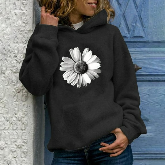 Tejiojio Womens Fall's Casual Hoodies Jumper Tops Sunflower Print Sweatshirt Hooded Sweater