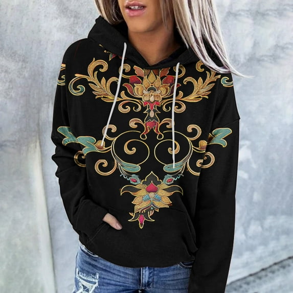 Tejiojio Womens Fall Clearance's Women's Casual Print Ethnic Style Long Sleeve Pocket Hoodie Womens Sweatshirts & Hoodies