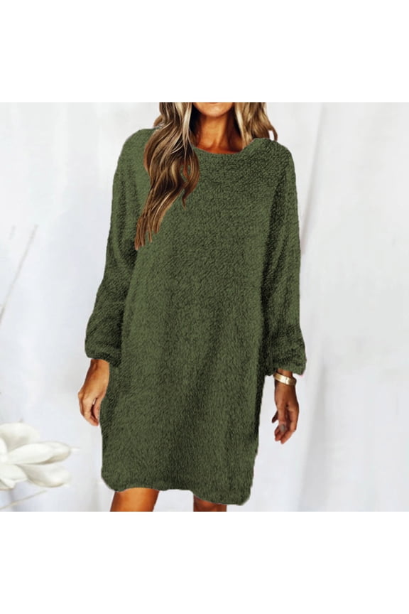 Womens Fall Fashion 2022 Autumn And Winter Women Casaul Solid Long Sleeve Loose O-Neck Hairy Sweater Pullover Dress