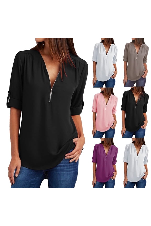 Womens Plus Size Chiffon Shirt 3/4 Rolled Sleeve Casual Tunic Tops Zipped V Neck Blouses Shirts for Women Fall/Winter Basic Clothes