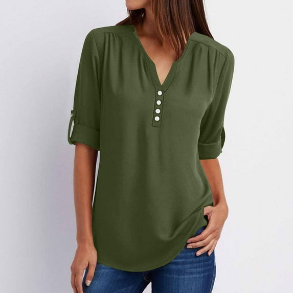 Tejiojio Womens Plus Size Chiffon Shirt 3/4 Rolled Sleeve Casual Tunic Tops Zipped V Neck Blouses Shirts for Women Fall/Winter Basic Clothes