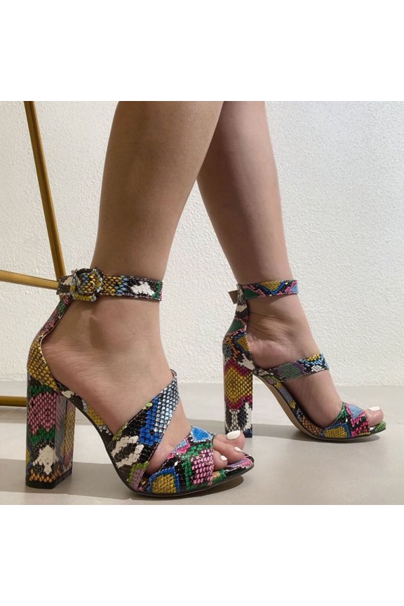 Womens Sandals,Clearance Womens Snake Print Peep Toe Fish With Beak Strap And Buckles Round Head And Thick Heels
