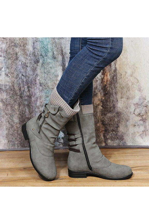 Womens Zippered Snow Boots,Women Vintage Winter Zipper Mid-Calf Lace Up Slip On Retro Ladies Shoes