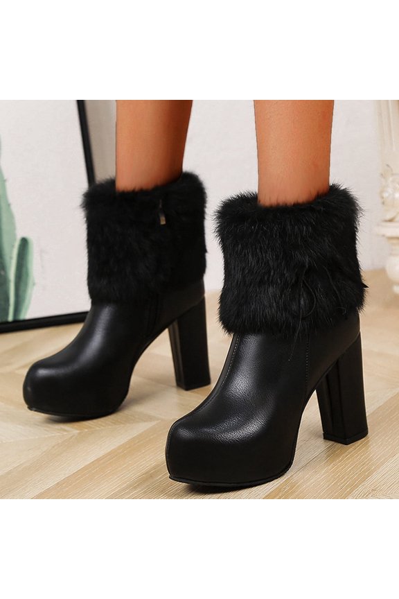 Womens Zippered Snow Boots,Women's Warm Solid Retro Zipper High Heel Round Toe Heel Boots Shoes