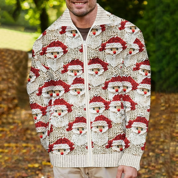 Tejiojio Young Man Sweaters Fall Mens New Year's Print Warm Valentine's Day Full Zip Cardigan Long Sleeve Hoodless Casual Coat