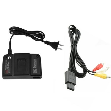 TekDeals AC Power Supply Adapter Cord+Audio AV RCA Cable For Nintendo 64 N64 Game Set