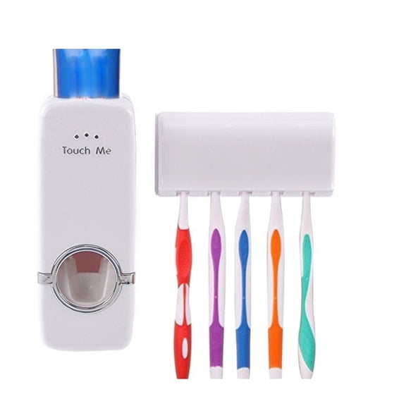 TekDeals Automatic Toothpaste Dispenser + 5 Toothbrush Holder Set With Wall Mount Stand