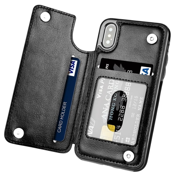 TekDeals Leather Flip Wallet Card Holder Case Cover For Apple iPhone 13 12 11 Pro, Pro Max, XS Max, XS, XR, X, 8, 7, 6, 6 Plus, 6S, 6S Plus, Black