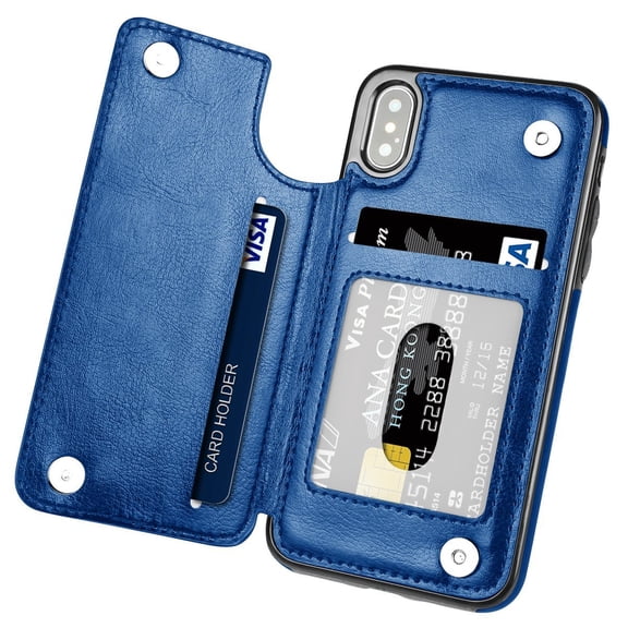 TekDeals Leather Flip Wallet Card Holder Case Cover For Apple iPhone 13 12 11 Pro, Pro Max, XS Max, XS, XR, X, 8, 7, 6, 6 Plus, 6S, 6S Plus, Blue