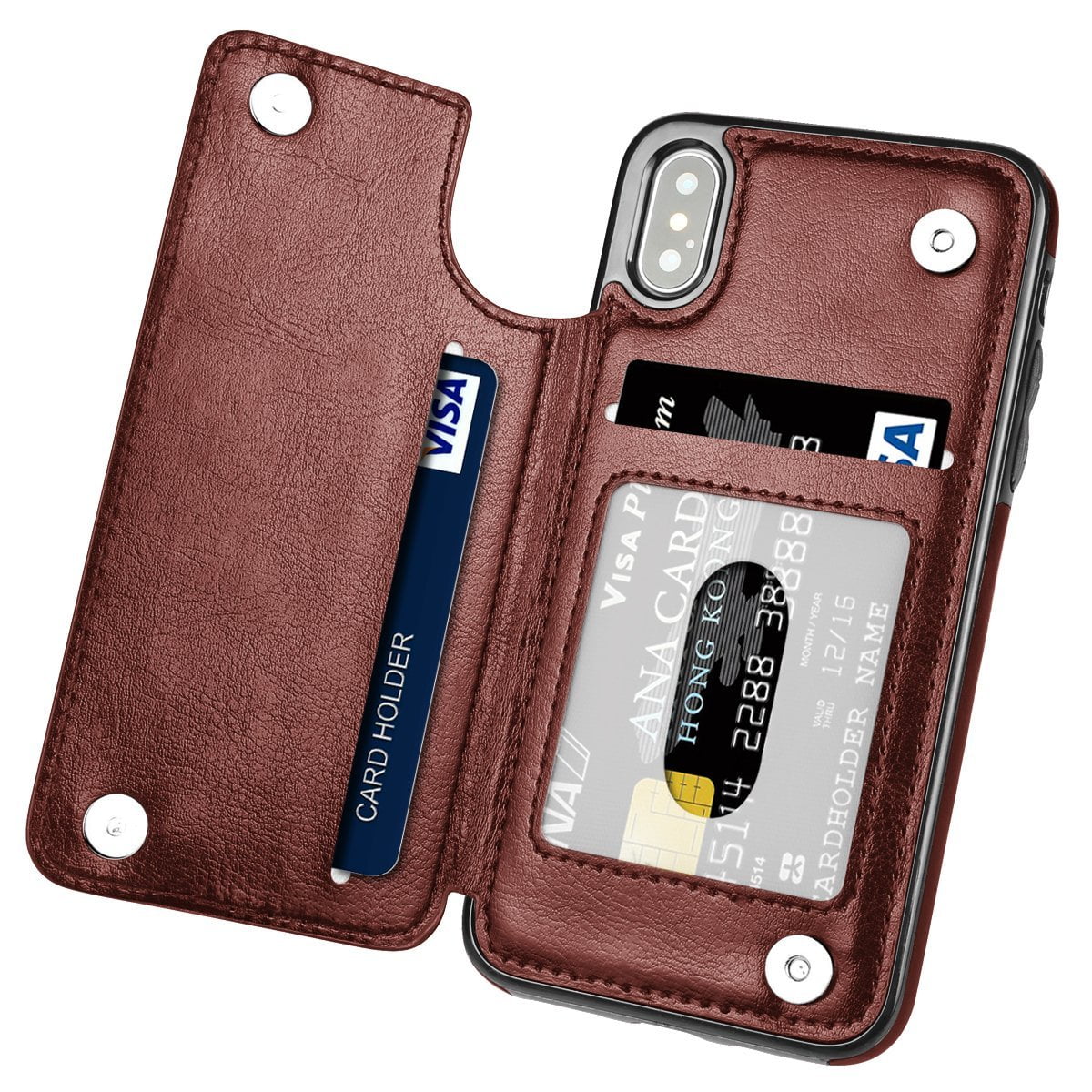 TekDeals Leather Flip Wallet Card Holder Case Cover For Apple iPhone 13 12 11 Pro, Pro Max, XS Max, XS, XR, X, 8, 7, 6, 6 Plus, 6S, 6S Plus, Brown