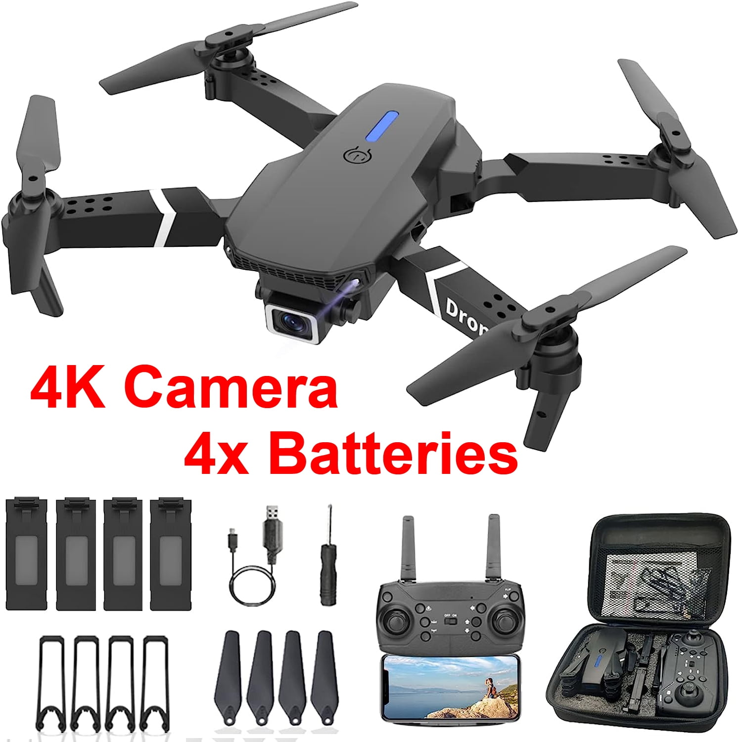 TekDeals New RC Drone With 4K HD Camera WiFi FPV Foldable Quadcopter + 4  Rechargeable Batteries