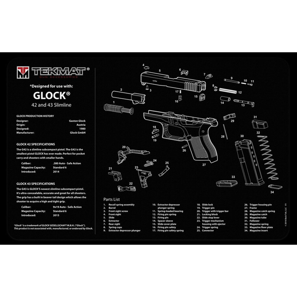 TekMat 17in Printed Gun Cleaning Mat Glock 42 and 43 Gun Cleaning Mat