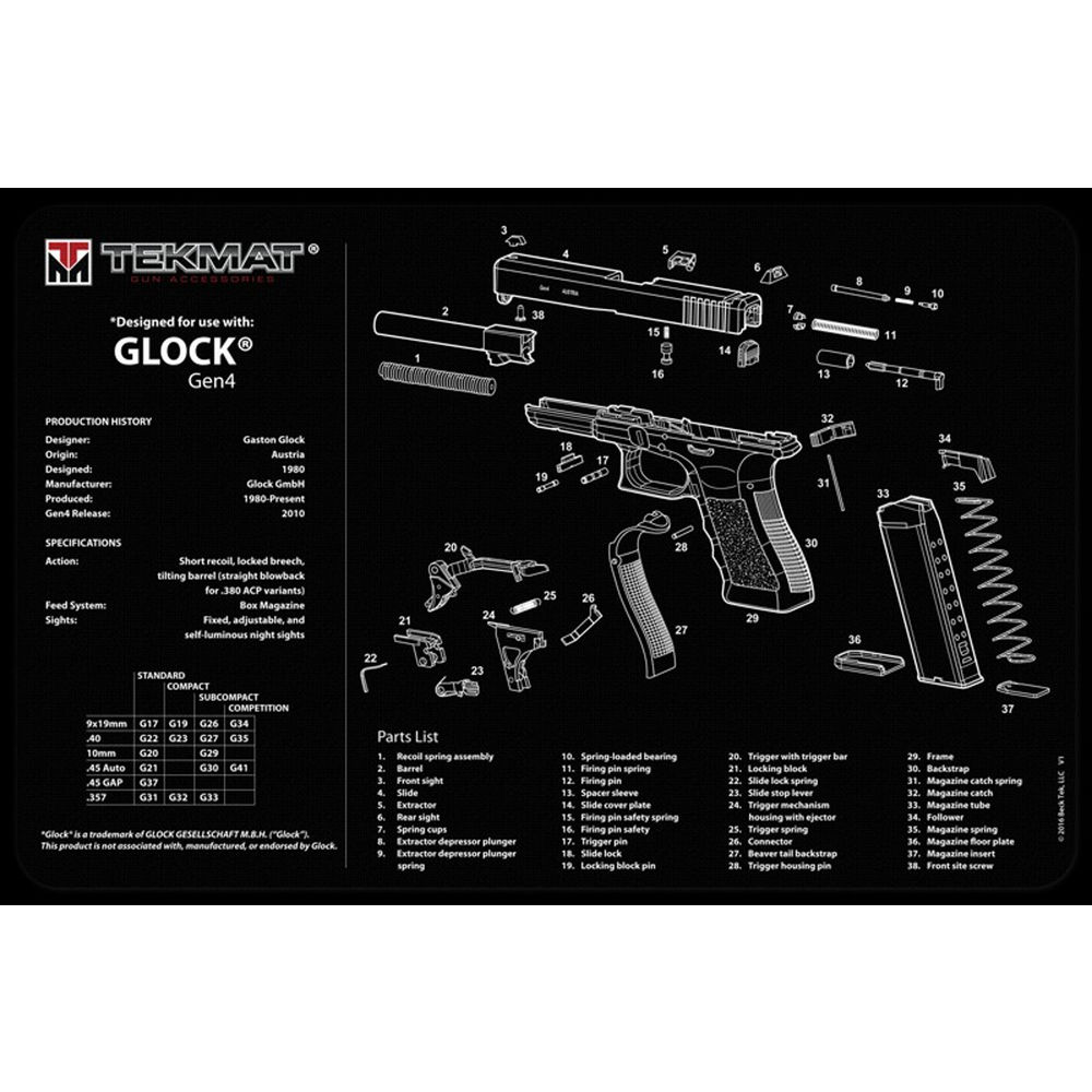 TekMat 17in Printed Gun Cleaning Mat Glock Gen4 Gun Cleaning Mat, Black
