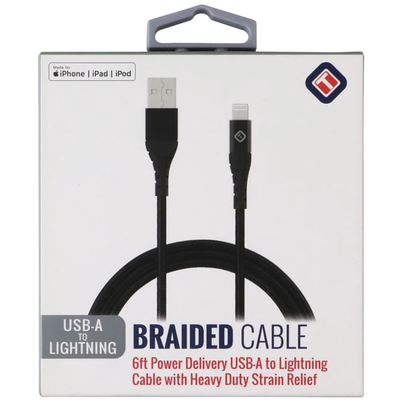 TekYa 72 Inch (6ft) Apple Lightning to USB-A 2.4 Amp Braided Cable - Black