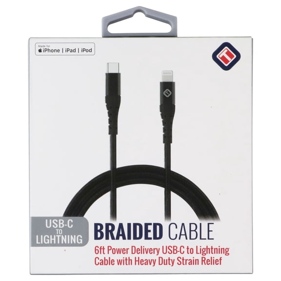 TekYa 72 Inch (6ft) Apple Lightning to USB-C 3 Amp Braided Cable - Black