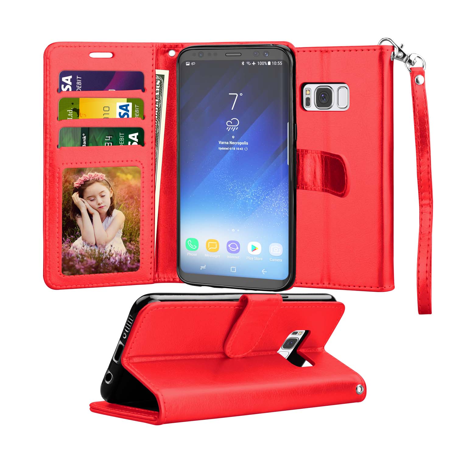 Tekcoo Galaxy S8 / S8 Plus Wallet Case, for Galaxy S8 / S8+ PU Leather Case, Tekcoo [Red] PU Leather [3 Card Slots] ID Credit Flip Cover [Kickstand] Cover & Wrist Strap - image 1 of 5