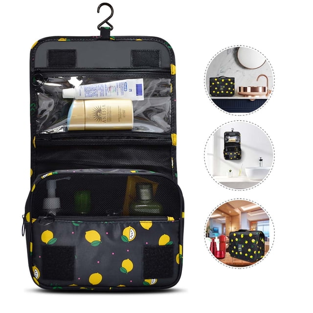 Tekcoo Large Hanging Travel Toiletry Bag/ Makeup Bag, Cosmetic Bag Travel Makeup Organizer for Accessories, Shampoo, Full Sized Container, Toiletries Black & Lemon
