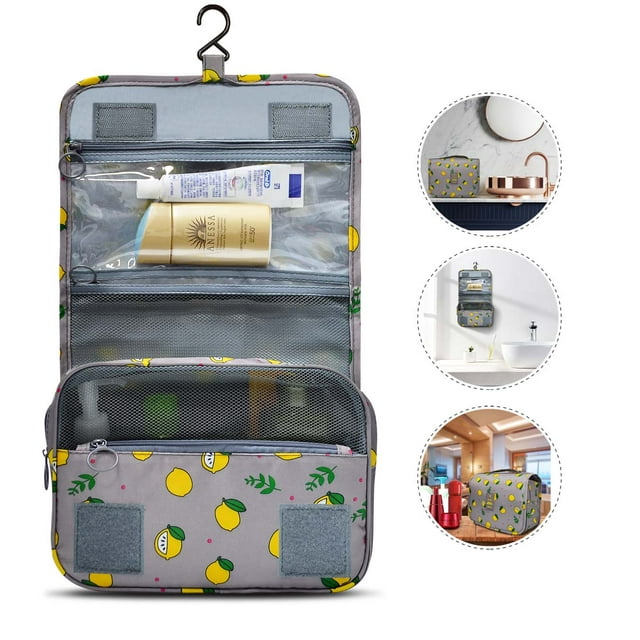 Tekcoo Large Hanging Travel Toiletry Bag/ Makeup Bag, Cosmetic Bag Travel Makeup Organizer for Accessories, Shampoo, Full Sized Container, Toiletries Gray & Lemon