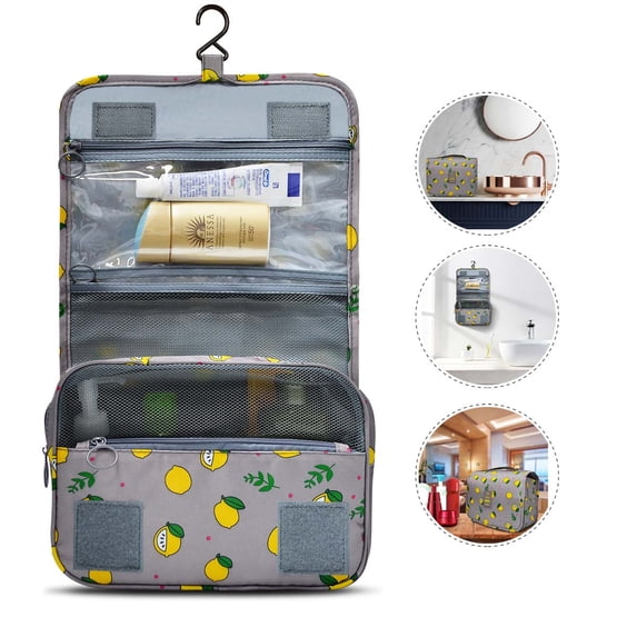 Tekcoo Large Hanging Travel Toiletry Bag/ Makeup Bag, Cosmetic Bag Travel Makeup Organizer for Accessories, Shampoo, Full Sized Container, Toiletries Gray & Lemon