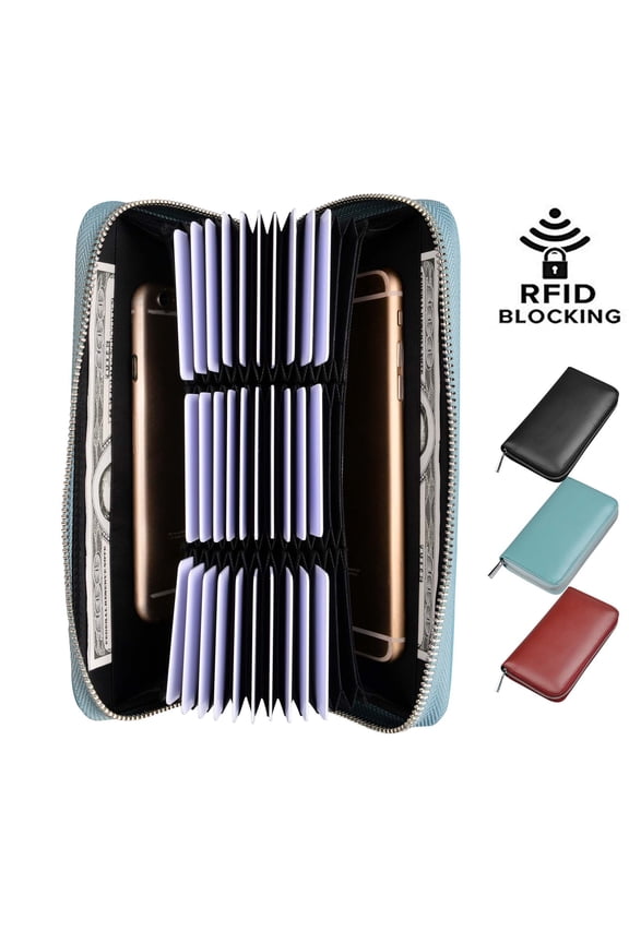 Leather Zip Credit Card Holder Wallet with ID Window Keychain RFID Blocking