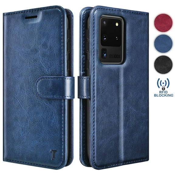 Tekcoo Wallet Cases for Galaxy S20 S20+ S20 Ultra S20 Plus 5G Premium Vegan Leather [RFID Blocking] Luxury ID Cash Credit Card Slots Holder Carrying Pouch Phone Folio Flip Cover [Navy Blue]