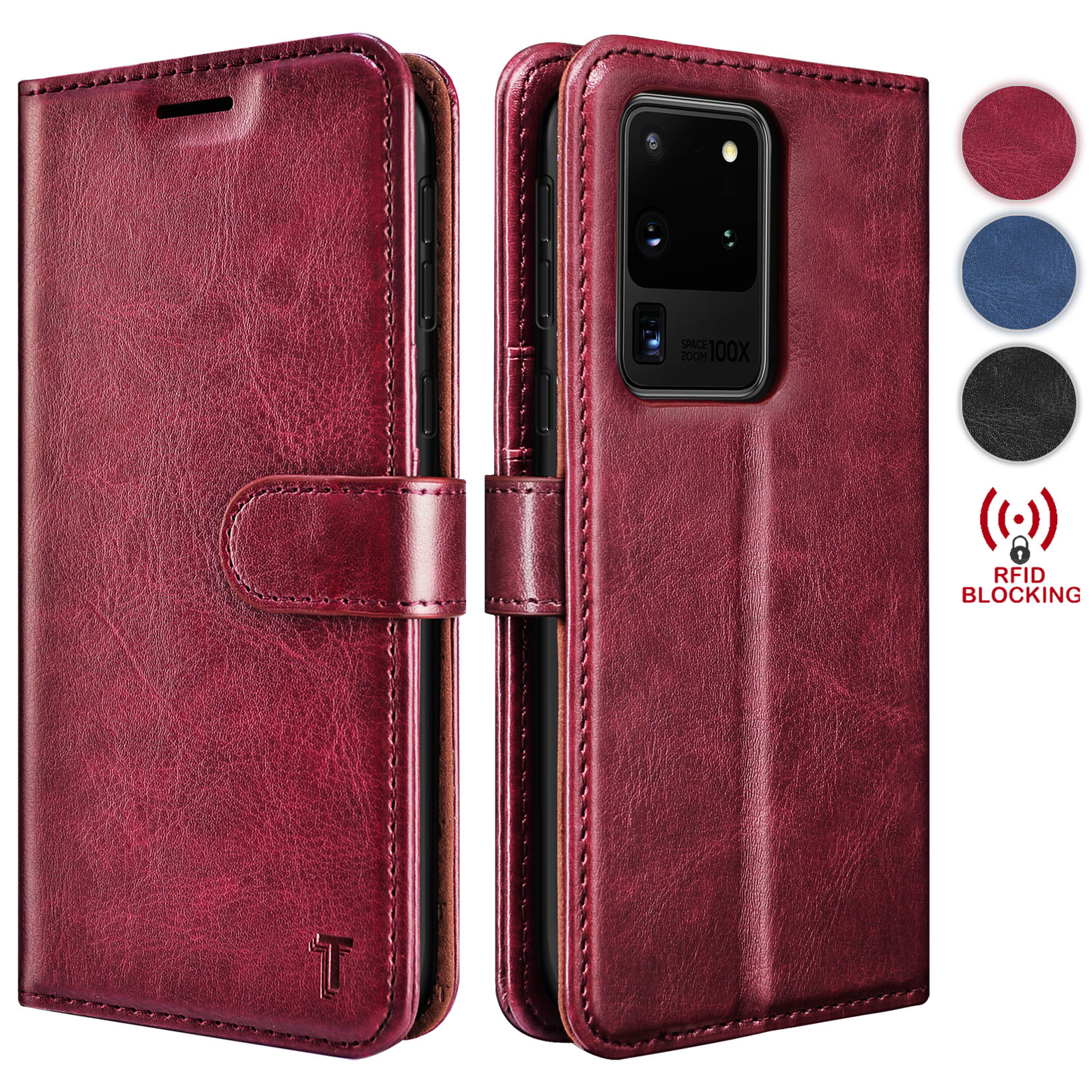 Tekcoo Wallet Cases for Galaxy S20 S20+ S20 Ultra S20 Plus 5G Premium Vegan Leather [RFID Blocking] Luxury ID Cash Credit Card Slots Holder Carrying Pouch Phone Folio Flip Cover [Wine Red] - image 1 of 7