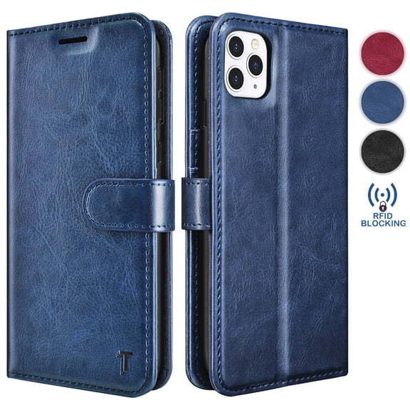 Tekcoo Wallet Cases for iPhone 11 11 Pro 11 Pro Max Premium Vegan Leather [RFID Blocking] Luxury ID Cash Credit Card Slots Holder Carrying Pouch Phone Folio Flip Cover [Navy Blue]