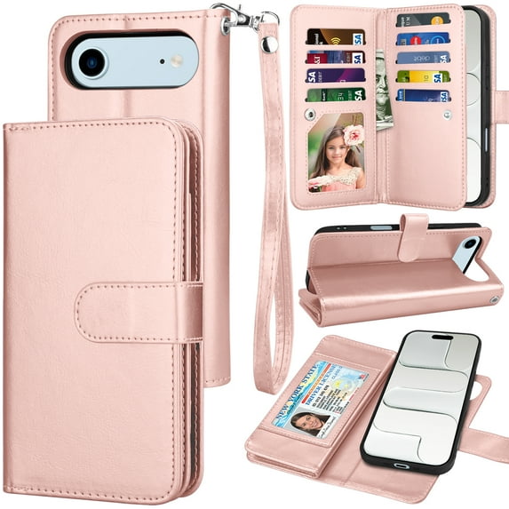 Tekcoo for iPhone 17 Air Case Wallet with ID Credit Card Holder for Women Men, Detachable Magnetic PU Leather Flip Wallet Phone Case for iphone 17 Air 6.5" with Strap Kickstand Cover, Pink