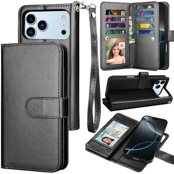 Tekcoo for iPhone 17 Pro Max Case Wallet with Card Holder for Women Men, Detachable Magnetic PU Leather Flip Wallet Phone Case for iphone 17 Pro Max 6.9" with Strap Kickstand Cover, Black