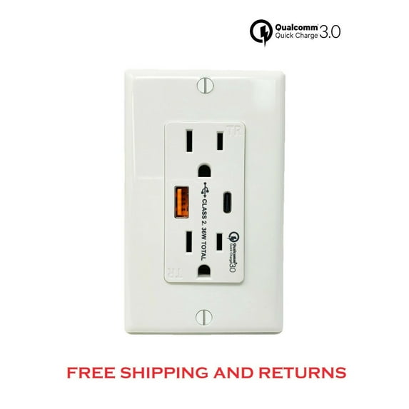 Teklectric - 15A Qualcomm Quick Charge 3.0 Type A & C USB Charger Tamper-Resistant Receptacle Wall Plate and Screws Included