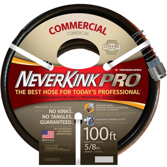 Teknor Apex NeverKink PRO Water Hose, 5/8 in x 100 ft, Commercial Duty Garden Hose with No Kinks No Twists Guarantee, Black