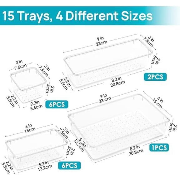 Tekola 15 PCS Clear Plastic Drawer Organizers Set, 4-Size Versatile Bathroom and Vanity Organizer Trays, Non-Slip Storage Containers for Makeup, Jewelries, Bedroom，Kitchen Utensils and Office
