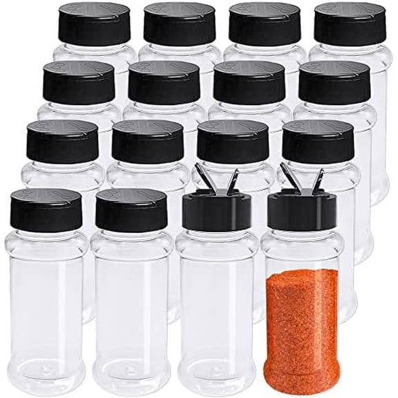 Tekola 16 Pack 3.4oz/100ml Plastic Spice Bottles Set,Empty Seasoning Containers with Black Cap,Clear Reusable Containers Jars for Spice,Herbs,Powders,Glitters