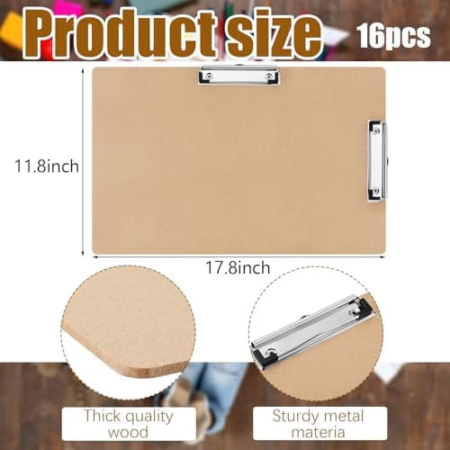 Tekola 16 Pcs 11x17 Clipboard Wooden Lap Board with Low Profile Clip Brown Double Landscape Clip Hardboard Drawing Board Landscape Horizontal Large Clipboard for Desk Paper Sketching Art Supplies