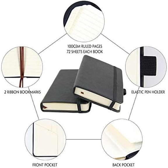 Tekola (2-Pack Pocket Notebook 3.5" x 5.5", Small Hardcover Journal with Pen Holder, Inner Pockets, 100gsm Thick Ruled/Lined Paper, Black