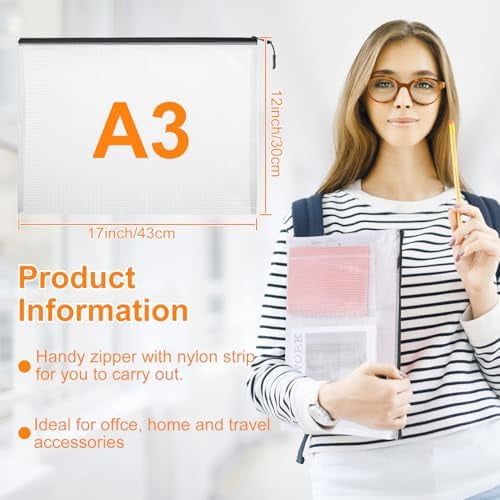 Tekola 24pcs Mesh Zipper Pouch Bags A4 Mesh Bags for Classroom Organization, Waterproof Document Zipper Pouches for Cosmetics, Travel Storage File Bags for Office Supplie (Black-A3-20PCS)