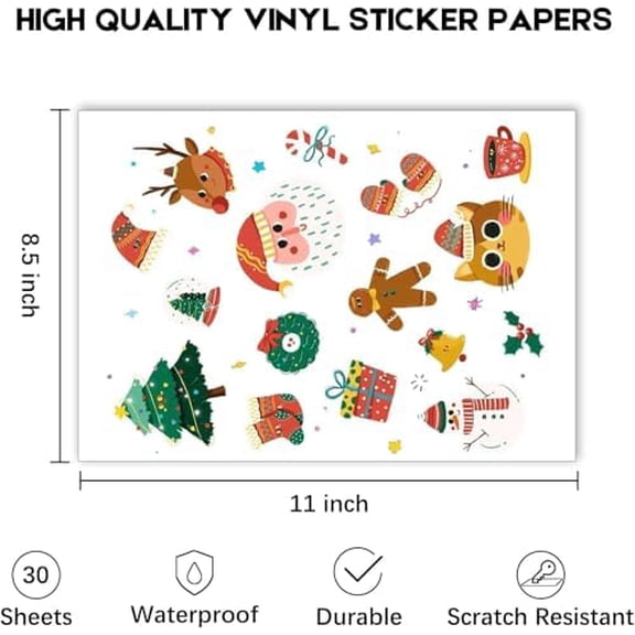 Tekola 30 Sheets Premium Printable Vinyl Sticker Paper for Inkjet Printer, Glossy White Waterproof, Dries Quickly, Vivid Colors, 8.5x11 Inkjet Vinyl Sticker Paper Great for Cutting Machines