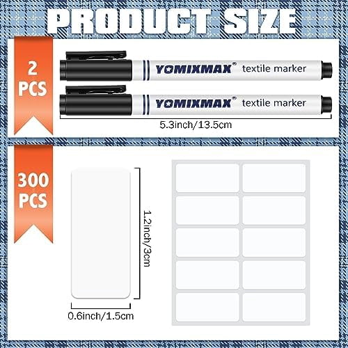 Tekola 300 Pcs Clothing Labels for Nursing Homes No Iron Fabric Labels with 2 Pcs Permanent Fabric Markers Washable Name Laundry Stickers for Camp Laundry Shop(Rectangle,1.2 x 0.6 Inch)