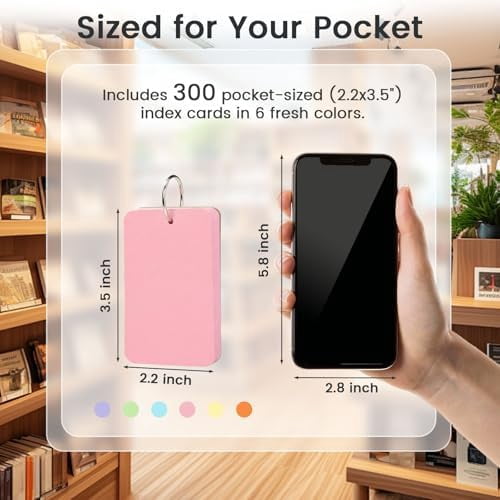 Tekola 300PCS Flash Cards with Key Ring, Colored Index Cards for School, 2.2 x 3.5 Inch, Small Portable Notecard for Studying Nursing Classroom Office Home Note Taking To Do List Essentials, 6 Colors