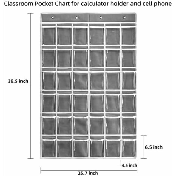 Tekola 36 Clear Pockets Classroom Pocket Chart for Cell Phones and Calculator Holder, Pocket Chart for Classroom Phone Holder with Number Stickers and Hooks (Grey)