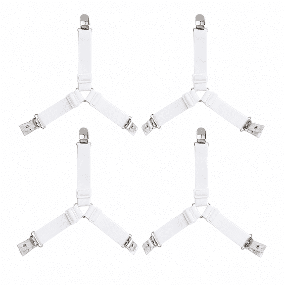Tekola 4-Pack Adjustable Bed Sheet Holders, 3-Point Fitted Sheet Straps with Secure Metal Clips and Anti-Slip Protective Pads, Mattress Corner Fasteners, White