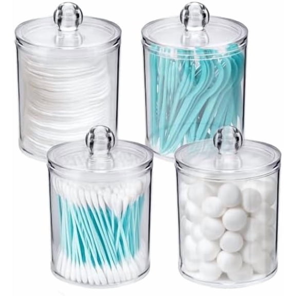 Tekola 4 Pack Qtip Holder Dispenser - Cotton Ball, Swab, Round Pads, Floss , Small Clear Plastic Apothecary Jar Containers with Lids for Bathroom Storage and Organization, Vanity Organizer