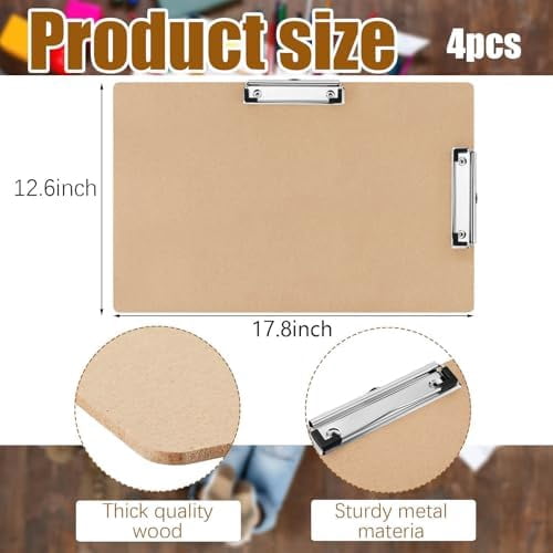 Tekola 4 Pcs 11x17 Clipboard Wooden Lap Board with Low Profile Clip Brown Double Landscape Clip Hardboard Drawing Board Landscape Horizontal Large Clipboard for Desk Paper Sketching Art Supplies