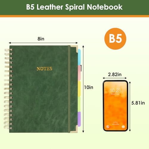 Tekola 5 Subject Notebook College Ruled with Movable Tab Dividers, 300 Pages 8"x10"/B5 Leather Hardcover Spiral Notebook, 100GSM Thick Journal Notebooks for Work, School, Green