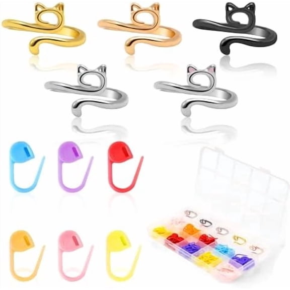 Tekola 5Pcs Crochet Ring + 100Pcs Stitch Markers Adjustable Crochet Tension Rings for Finger Handmade Open Yarn Guide Crocheting Rings Knitting Accessories with Box Crochet for Crocheters Knitter